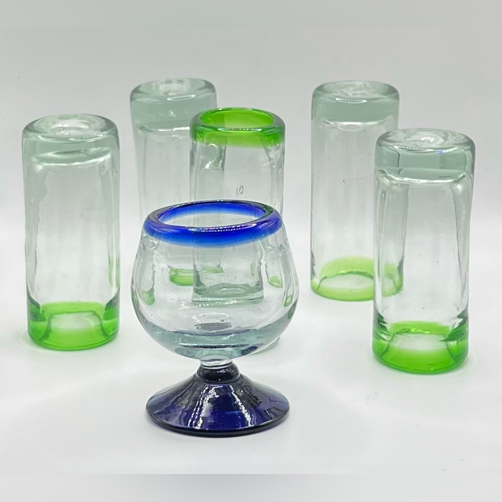 Hand Blown Mexican Shot Glass Set 6 with Blue and Green Accents